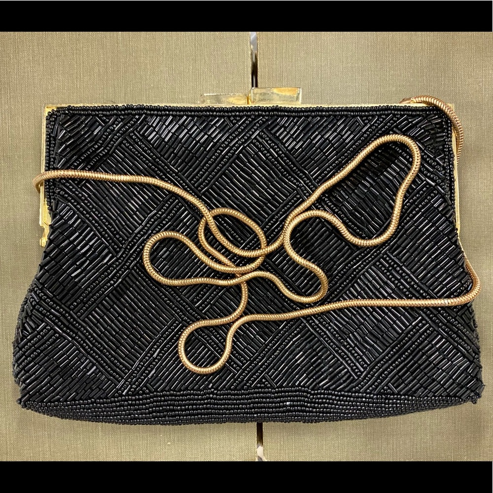 Vintage New Marshall Fields Black Beaded Clutch Purse